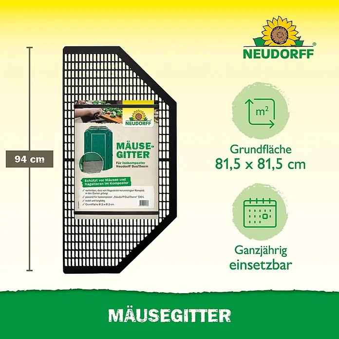 Neudorff Bodenplatte - Passend für: Thermokomposter DuoTherm 530 L - Produktabbildung des Neudorff Mäusegitter für Isokomposter Neudorff DuoTherm, schützt vor Mäusen, 94cm lang und 81,5 x 81,5 cm Grundfläche.