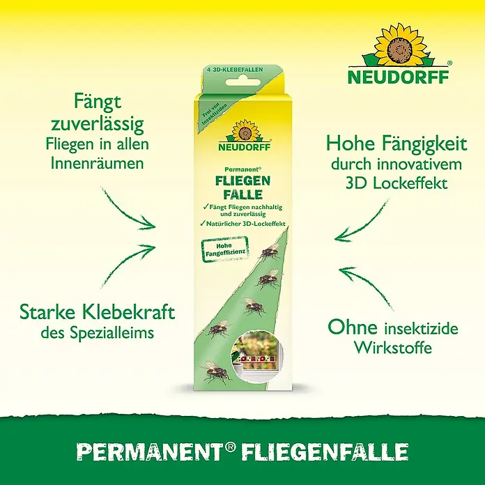 Neudorff Permanent Fliegenfalle - 4 Stk. - Verpackung der Neudorff Permanent Fliegenfalle in Gelb-Grün, mit 4 3D-Kleberfallen, ohne Insektizide.