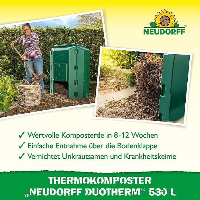 Neudorff Komposter DuoTherm 530 L - 530 l, 82 x 82 x 115 cm - Thermokomposter "Neudorff Duotherm" 530 L: Wertvolle Komposterde in 8-12 Wochen, einfache Entnahme und Vernichtung von Unkrautsamen.