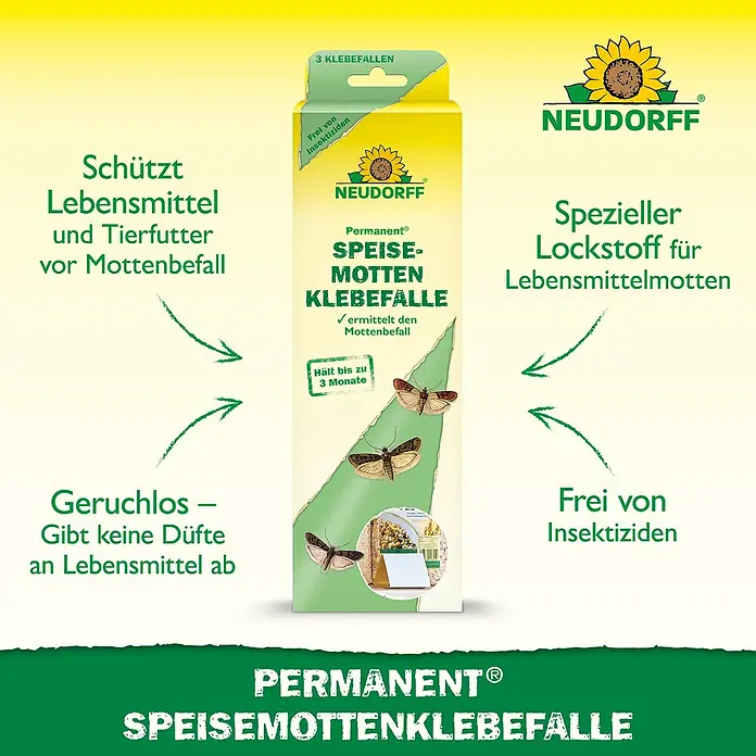 Neudorff Permanent Lebensmittelmottenfalle - 3 Stk. - NEUDORFF Speisemottenklebefalle, gelb-grüne Packung mit 3 Klebefallen. Geruchlos, insektizidfrei, schützt vor Mottenbefall.