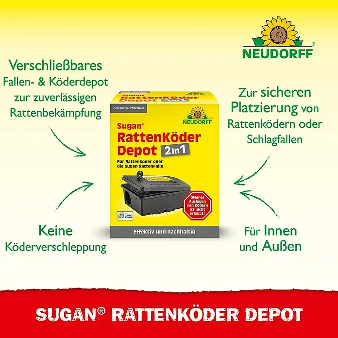 Neudorff Sugan Rattenköder-Depot - 1 Stk. - Produktbild des Sugan Rattenköder Depot 2in1, einer verschließbaren Köderbox für Rattenköder oder Schlagfallen, zur sicheren Rattenbekämpfung im Innen- und Außenbereich.