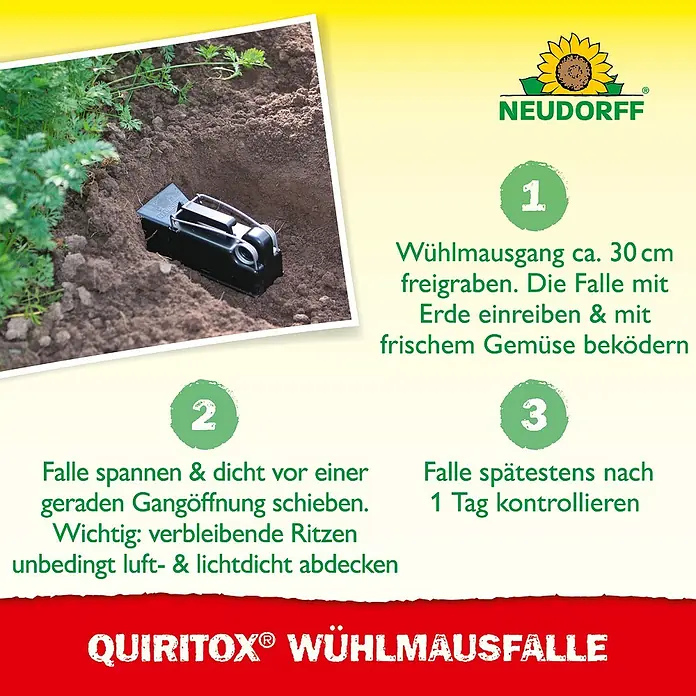 Neudorff Quiritox Wühlmausfalle - Spezialfalle, Kunststoff - Anleitung zur Verwendung der Quiritox Wühlmausfalle von Neudorff.