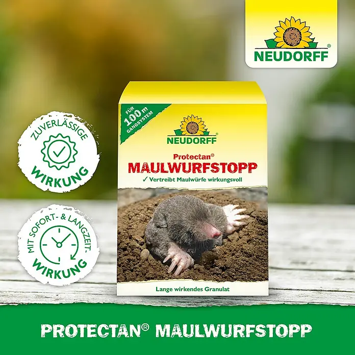 Neudorff Protectan Tiervertreiber Maulwurf-Stopp - 200 g - Abbildung der Neudorff Protectan® Maulwurfstopp-Produktverpackung mit einem Maulwurf, der aus der Erde klettert.