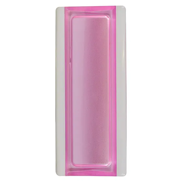 Fuchs Design Glasbausteinprofil - Amethyst, 18 x 8 cm, Glas - Nahaufnahme einer schimmernden, rechteckigen, rosafarbenen und weißen Nagelhautölstiftverpackung für die Nagelpflege.