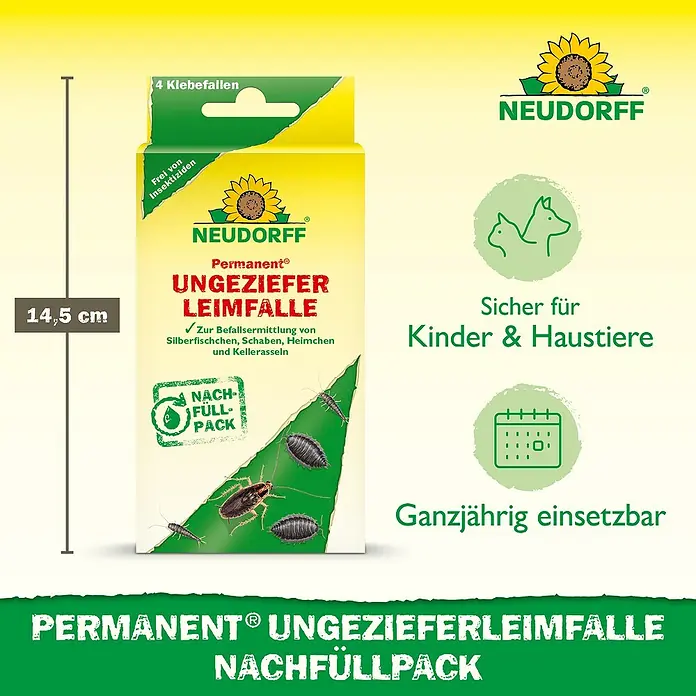 Neudorff Permanent Ungezieferköder - 4 Stk. - Abbildung der Neudorff Permanent Ungeziefer Leimfalle Nachfüllpackung mit Größenangabe, sicher für Kinder und Haustiere.