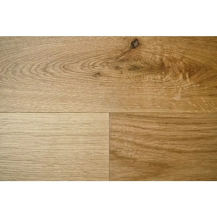 Parkettmuster Eiche Rustikal - 300 x 190 x 14 mm, Landhausdiele - Helle Holzfußbodendielen mit natürlicher Maserung und sichtbaren Ästen.