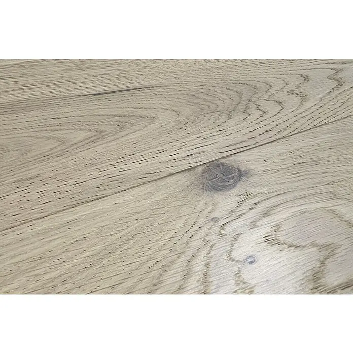 Parkettmuster Eiche Weiss - 300 x 190 x 14 mm, Landhausdiele - Nahaufnahme von hellem Eichenparkett mit natürlicher Holzmaserung und Astlöchern. Die Holzstruktur verleiht dem Boden Wärme und Charakter.