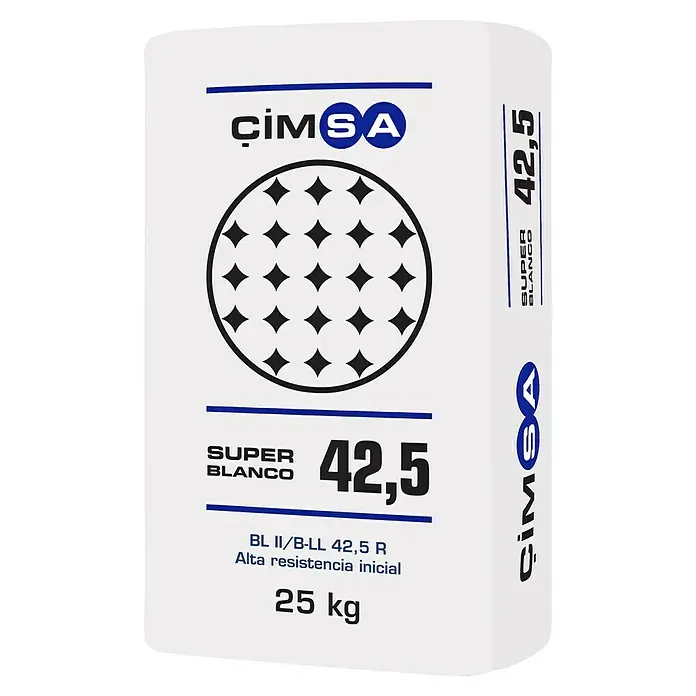 Cemento La Unión II/A-L 42,5R - 25 kg - Un saco de cemento ÇimSA Super Blanco 42,5, ideal para aplicaciones de construcción de alta resistencia, con un contenido de 25 kg.