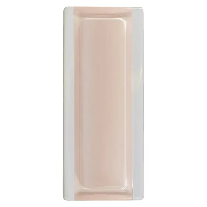 Fuchs Design Perfil de bloques de vidrio - Rosa, 18 x 8 cm, Vidrio - Primer plano de una jabonera rectangular beige con tapa transparente, destacando un diseño de baño simple y elegante.