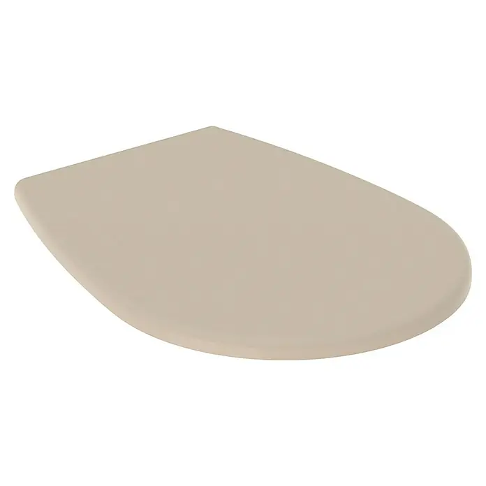 Geberit Renova WC-Sitz Typ 2 - Duroplast, Bahama Beige, Ohne Absenkautomatik - Nahaufnahme eines beigefarbenen WC-Sitzes mit abgerundeter Vorderseite und glatter Oberfläche, ideal für jedes Badezimmerdekor.