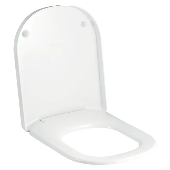 Geberit Renova Plan WC-Sitz - Duroplast, Weiß, Ohne Absenkautomatik, Edelstahl - Das Bild zeigt einen weißen WC-Sitz mit Deckel in schlichtem Design. Der WC-Sitz wirkt modern und ist für jedes Badezimmer geeignet.