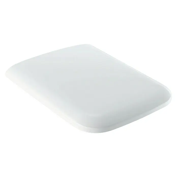 Geberit iCon WC-Sitz SquareDuroplast, Weiß, Mit Absenkautomatik, Mit Absenkautomatik/Abnehmbar - Nahaufnahme eines kleinen, weißen, rechteckigen Bewegungsmelders mit abgerundeten Kanten auf schwarzem Hintergrund.