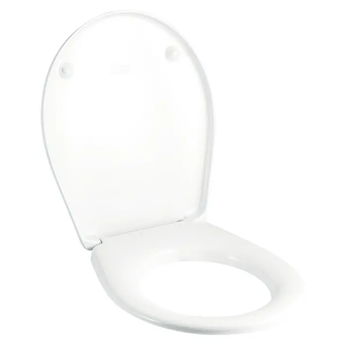 Geberit Renova Comprimo WC-Sitz - Duroplast, Weiß, Ohne Absenkautomatik - Nahaufnahme eines weißen Toilettensitzes mit Deckel, der leicht geöffnet ist. Ideal für moderne Badezimmerdesigns.