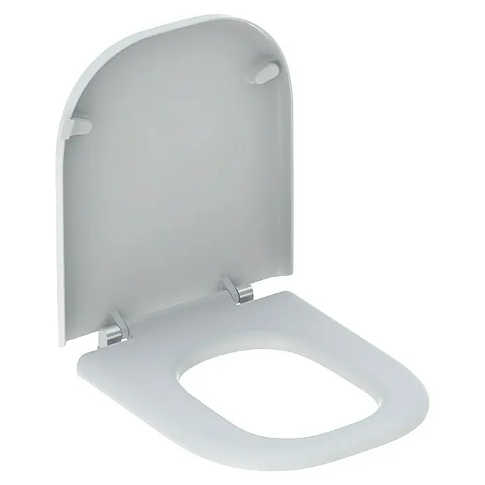 Geberit Renova Comfort WC-Sitz - Duroplast, Weiß, Ohne Absenkautomatik - Nahaufnahme eines weißen WC-Sitzes mit quadratischer Form. Der Deckel ist geöffnet und gibt den Blick frei auf die glatte Oberfläche.