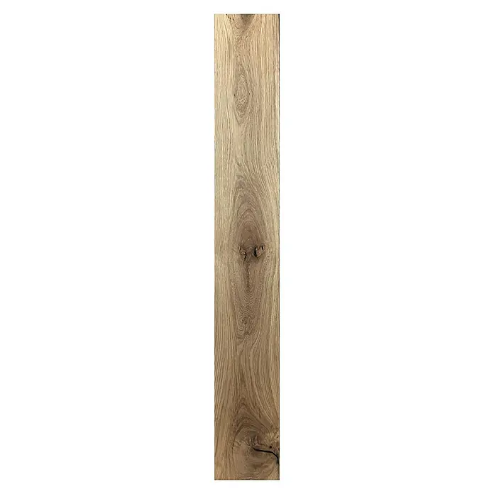 Parkettmuster Eiche Matt - 300 x 190 x 14 mm, Landhausdiele - Nahaufnahme eines bearbeiteten Holzstücks mit markanten Maserungen und Astlöchern, das die natürliche Schönheit des Holzes hervorhebt.