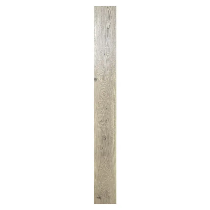 Fertigparkett - Eiche Weiß, 1.900 x 190 x 14 mm, Landhausdiele - Eine Nahaufnahme einer einzelnen Holzdiele mit einer hellen, natürlichen Holzmaserung und subtilen Astknoten für einen rustikalen Charme.