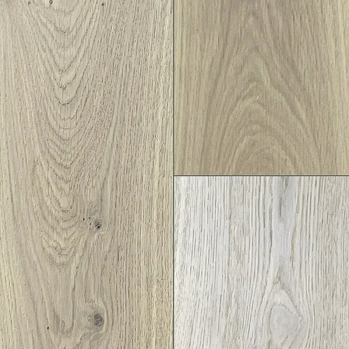 Fertigparkett - Eiche Weiß, 1.900 x 190 x 14 mm, Landhausdiele - Holzfußbodenmuster in verschiedenen Farbtönen. Die Textur des Bodenbelags ist in verschiedenen hellen Farben dargestellt.