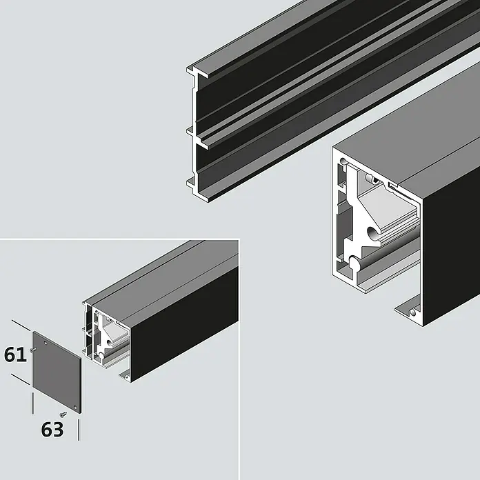 Room Plaza Slimwork Abstands-Set - 2.200 mm, Wandabstand 31,5 mm, Passend für: Room Plaza Slimwork Schiebetür-Komplettsets - Dunkelgraues Aluminiumprofil mit internen Kanälen, gezeigt mit abgenommener Endkappe (61x63 mm) und Schraube zum Verschluss.