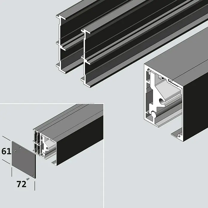 Room Plaza Slimwork Abstands-Set - 2.000 mm, Wandabstand 40,5 mm, Passend für: Room Plaza Slimwork Schiebetür-Komplettsets - Graue Aluminiumprofile mit Endkappe (61x72mm) zur Montage. Zur Veredelung von Profilenden.
