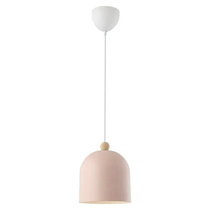 Nordlux Lámpara colgante redonda Gaston - 40 W, Ø x Al: 20 x 200 cm, Rosa, E27 - Una lámpara colgante moderna de color rosa pastel con un detalle de madera y una suspensión blanca, ideal para interiores elegantes.