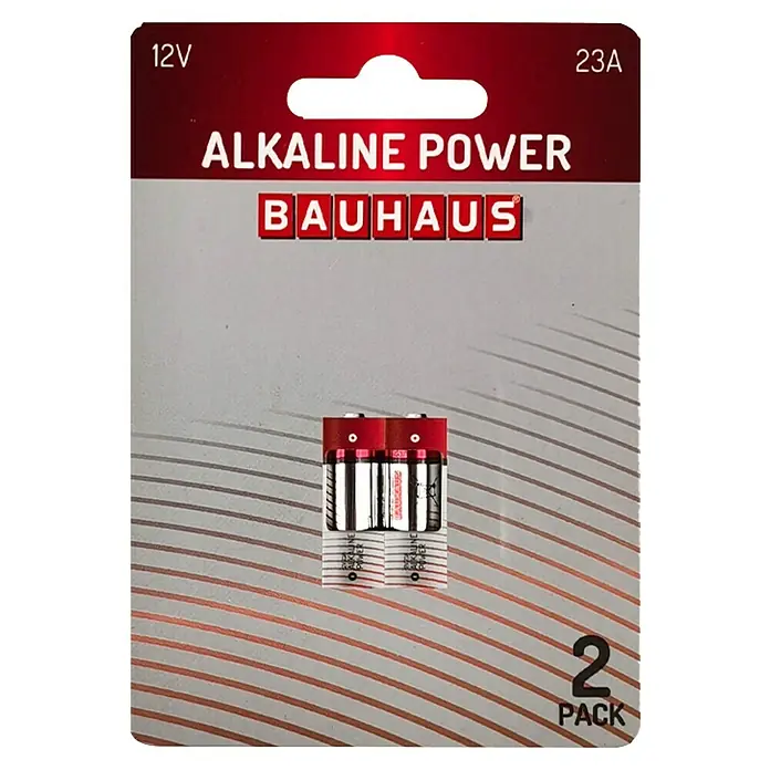BAUHAUS Alkaline-Batterie POWER Spezialbatterie A23 - 23A, Alkali-Mangan, Anzahl: 2 Stk. - Abbildung einer 12V 23A Alkaline-Batterie von Bauhaus im 2er-Pack, ideal für kleine elektronische Geräte, die eine zuverlässige Stromquelle benötigen.