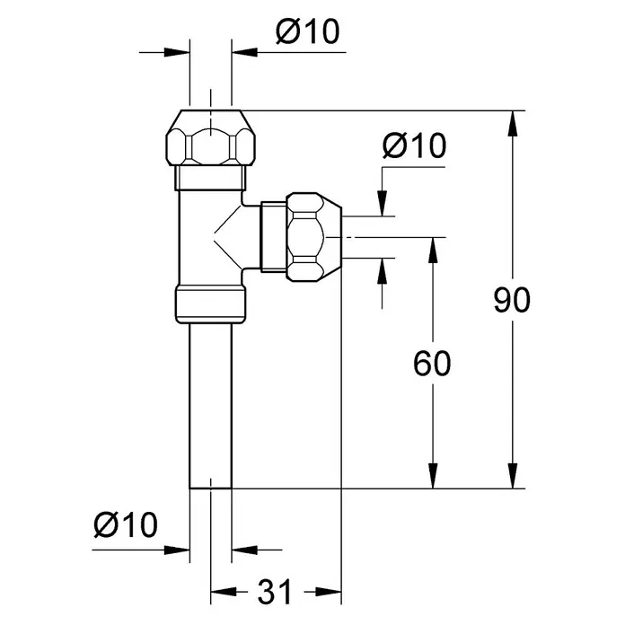Grohe Schraub-Abzweig - Chrom, Geeignet für: Unterputzventile - Technische Zeichnung eines T-Stück-Rohrverbinders mit Ø10-Anschlüssen und Maßen, ideal zur Rohrverzweigung.