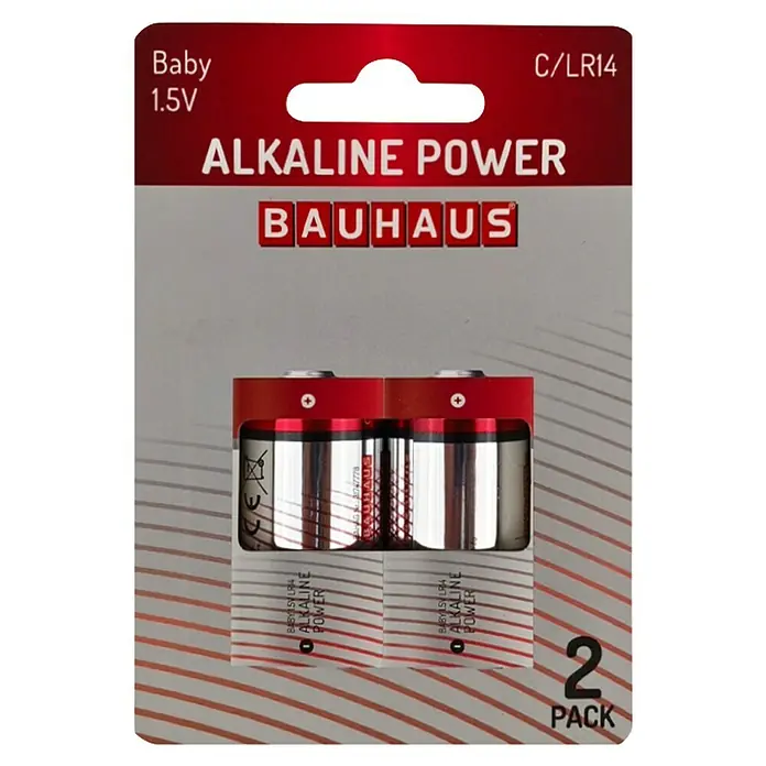 BAUHAUS Alkaline-Batterie POWER Batterie Baby C LR14 - Baby C, Alkali-Mangan, Anzahl: 2 Stk. - Das Bild zeigt eine 2er-Packung Bauhaus Baby C/LR14 Alkaline Batterien mit 1,5V, ideal für Geräte mit hohem Stromverbrauch.
