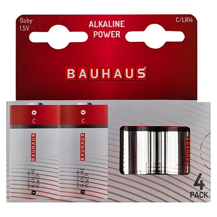 BAUHAUS Alkaline-Batterie POWER Batterie Baby C LR14 - Baby C, Alkali-Mangan, Anzahl: 4 Stk. - Produktfoto einer 4er-Packung Bauhaus C/LR14 Alkaline Batterien, ideal für Geräte des täglichen Gebrauchs.