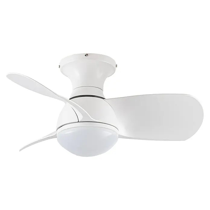Cristal Record Ventilador de techo Sukhoi - Blanco, 64 cm, 25 W, Blanco cálido - Un primer plano de un moderno ventilador de techo blanco con luz integrada, diseñado para una iluminación uniforme y una refrigeración eficiente.