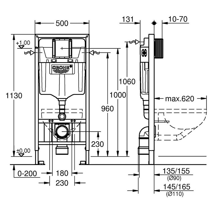 Grohe Rapid SL WC-Vorwandelement (16,5 x 50 x 113 cm, Mit senkrechten Drucktraversen, Pulverbeschichtet)