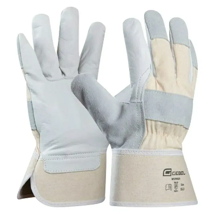 Gebol Guantes de trabajo Worker - Talla del guante: 10,5, Beige/Gris - La imagen muestra un par de guantes de trabajo Gebol Worker en blanco y gris, ideales para protección y comodidad.