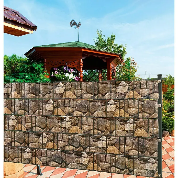 Floraworld Sichtschutzstreifen - L x H: 20,5 m x 19 cm, Bruchsteinoptik - Der Gabionenzaun mit Steinmuster bietet einen stilvollen Sichtschutz. Die Gabione ist eine moderne Gartengestaltungsidee für den Außenbereich.