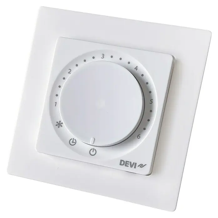 Devi Thermostat Basic - Geeignet für: Fußbodenheizungen - Weißer quadratischer Thermostat mit zentralem Drehregler, beschriftet mit 0-6, Schneeflocke und Leistungssymbolen.