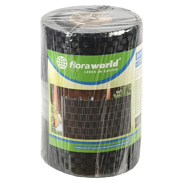 Floraworld Sichtschutzstreifen - L x H: 2,1 m x 19 cm, Anthrazit - Das Bild zeigt eine Rolle FloraWorld Sichtschutzmatte, ideal für den Garten, verpackt in Folie und bereit zur Installation.