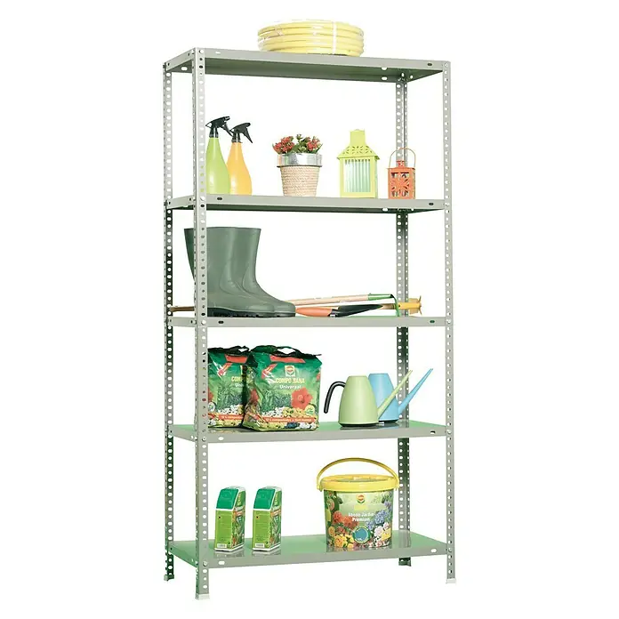 Simonrack Simonclassic Metallregal Comfort - H x B x T: 180 x 90 x 50 cm, Traglast pro Boden: 100 kg, Anzahl Böden: 5 Stk., Schrauben, Grau - Silbernes Regal mit fünf Fächern, gefüllt mit Gartengeräten wie Gießkannen und Blumenerde. Perfekt für die Organisation Ihrer Gartengeräte.