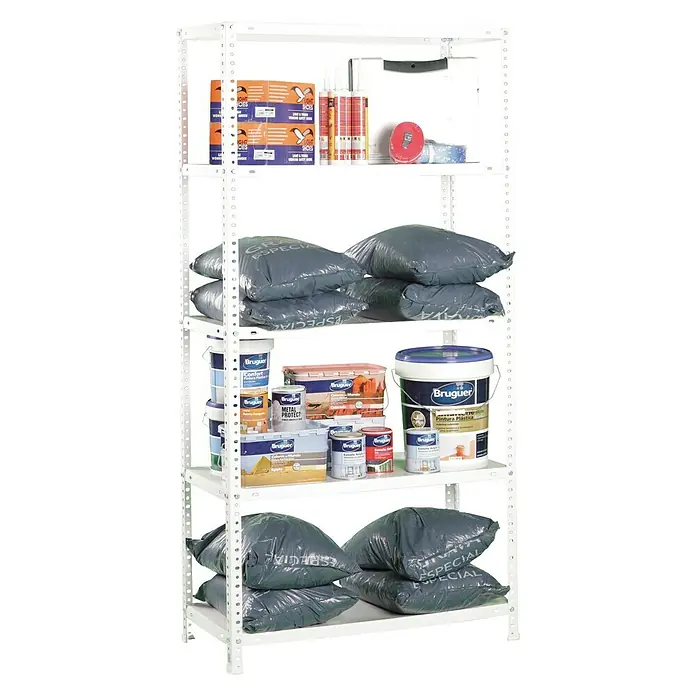 Simonrack Simonclassic Metallregal Comfort - H x B x T: 180 x 90 x 50 cm, Traglast pro Boden: 100 kg, Anzahl Böden: 5 Stk., Schrauben, Weiß - Bild eines weißen Metallregals mit fünf Regalböden, beladen mit verschiedenen Gegenständen wie Farbeimer, Werkzeug und Säcken.