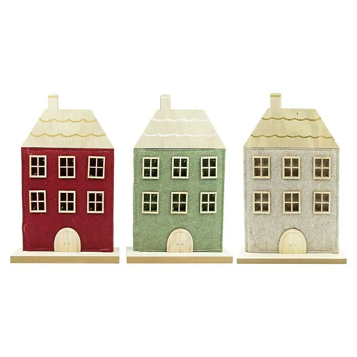 Dekoartikel LED Filzhaus - 1 Stk., Sortiert, 18 x 5 x 29 cm - Drei dekorative Hausfiguren aus Filz und Holz in Rot, Grün und Grau, mit Holzdächern, Schornsteinen, Fenstern und Türen.