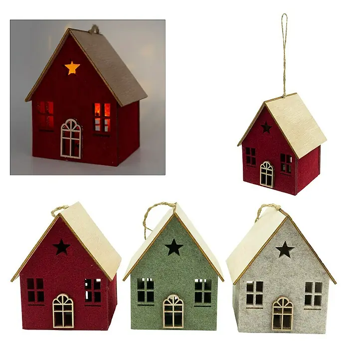 Dekoartikel LED Weihnachtshaus - 1 Stk., Sortiert, 10 x 8 x 12,5 cm - Set aus drei Filz-Weihnachtshäuschen in Rot, Grün und Grau mit Holzdächern, eines beleuchtet.