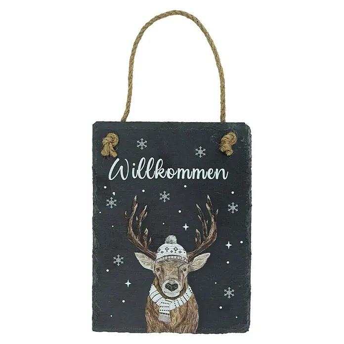Deko-Anhänger Hirsch Jonas - L x B: 20 x 15 cm, Rechteckig - Schiefer-Willkommensschild mit Hirsch (Mütze, Schal), Schneeflocken und "Willkommen"-Schriftzug. Mit Seilaufhängung.