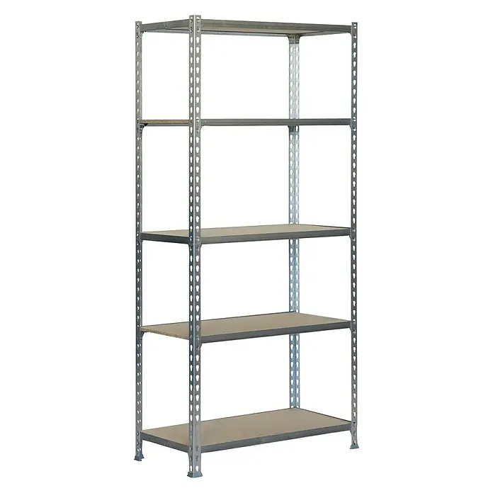 Simonrack Maderclick Metallregal Maderclick - H x B x T: 180 x 90 x 30 cm, Traglast pro Boden: 150 kg, Anzahl Böden: 5 Stk., Stecken, Silber - Bild eines freistehenden Regals mit fünf Böden und einem robusten Metallrahmen, ideal für Lagerung.