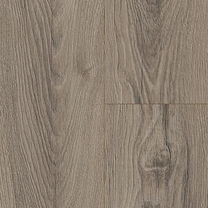 Krono Original Laminat Organic Clever Silent - Rutherford Oak, Landhausdiele, 1.288 x 195 x 7 mm - Grau-brauner Laminatboden mit natürlicher Holzmaserung.