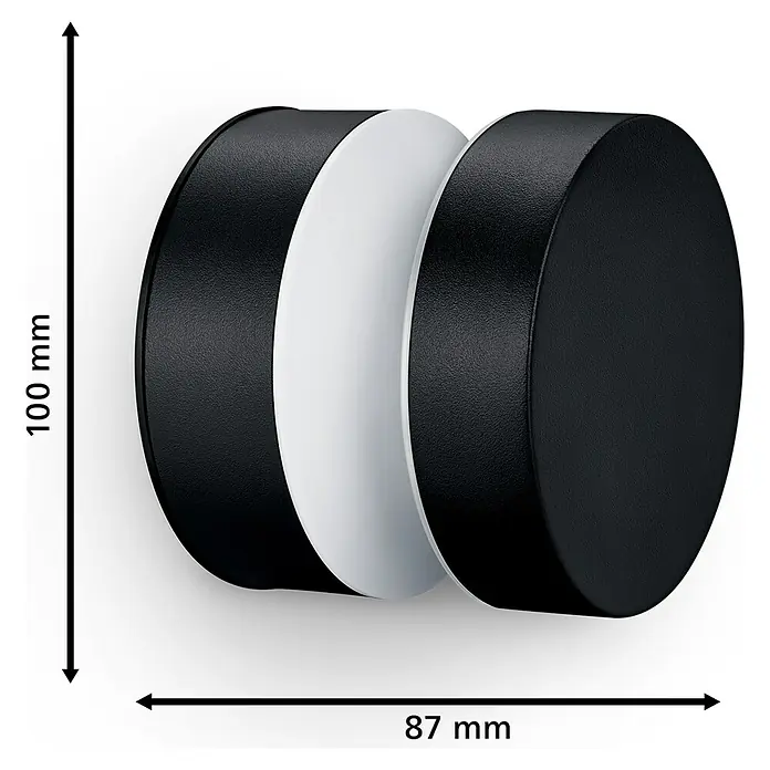 Philips Aplique exterior LED Lavanda - 6 W, 10 x 10 x 8,7 cm, Negro, Negro, IP44, Horizontal - Imagen del producto: Un tope de puerta de pared redondo de tres partes en blanco y negro con especificaciones de tamaño.