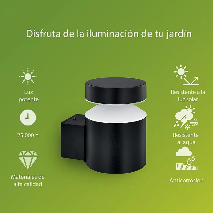 Philips Aplique exterior LED Lavanda - 6 W, 14 x 10 x 13,5 cm, Negro, IP44, Vertical - Primer plano de una lámpara de jardín Philips con alta salida de luz, resistencia a los rayos UV y al agua, y materiales de alta calidad resistentes a la corrosión.