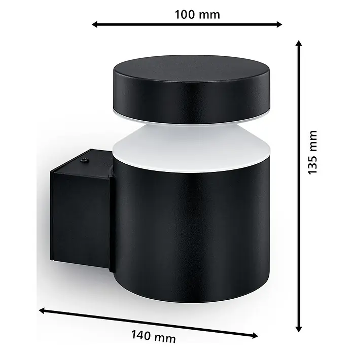 Philips Aplique exterior LED Lavanda - 6 W, 14 x 10 x 13,5 cm, Negro, IP44, Vertical - Imagen de una lámpara de pared exterior negra con dimensiones de 100 mm, 135 mm y 140 mm.