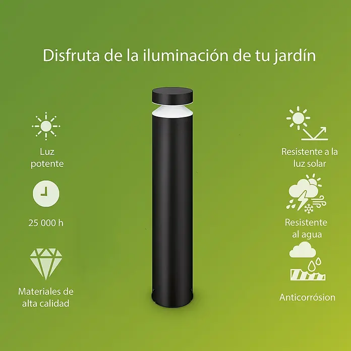 Philips Baliza exterior LED Lavanda - Altura: 50 cm, 6 W, Blanco frío, IP44 - Imagen de una lámpara de jardín negra que proporciona una fuerte iluminación y es resistente al agua, al sol y a la corrosión.