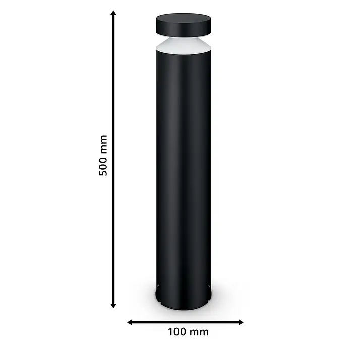 Philips Baliza exterior LED Lavanda - Altura: 50 cm, 6 W, Blanco frío, IP44 - Imagen de una baliza de luz negra con dimensiones, 500 mm de altura y 100 mm de ancho.