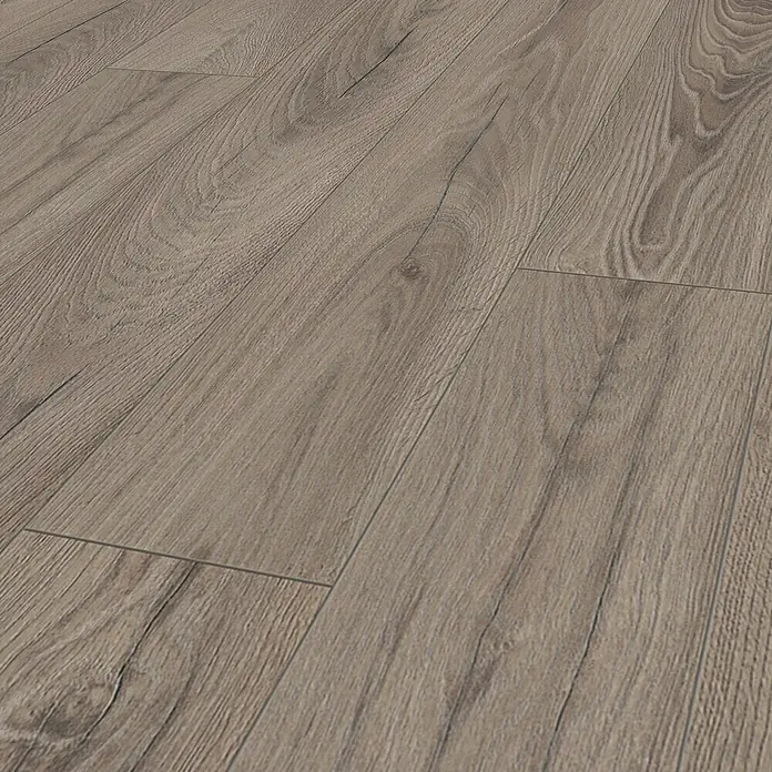 Krono Original Laminat Organic Clever Silent - Rutherford Oak, Landhausdiele, 1.288 x 195 x 7 mm - Nahaufnahme von Laminatboden mit Holzmaserung in Graubraun.