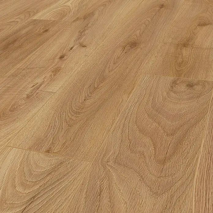 Krono Original Laminat Organic Clever Silent - Heathland Oak, Landhausdiele, 1.288 x 195 x 7 mm - Nahaufnahme eines Holzfußbodens mit natürlichen Maserungen und warmen Farbtönen.