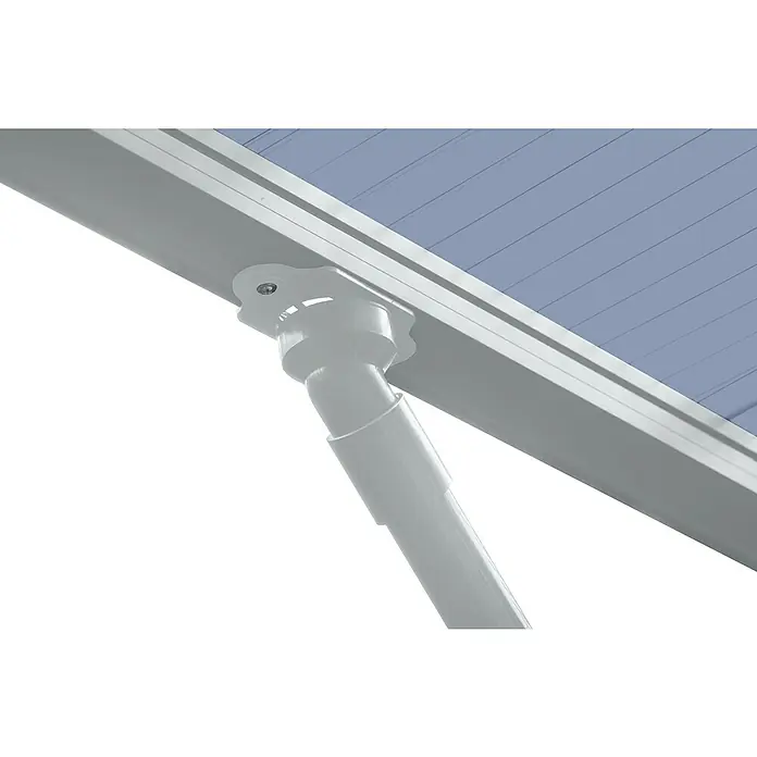 Ximax Carport Wing Typ 80 - Außenmaß inkl. Dachüberstand (B x T): 2,76 x 5,31 m, Einzelcarport, Silber - Weißer Stützarm, verbunden mit einer hellblauen Wellmarkisenplatte.