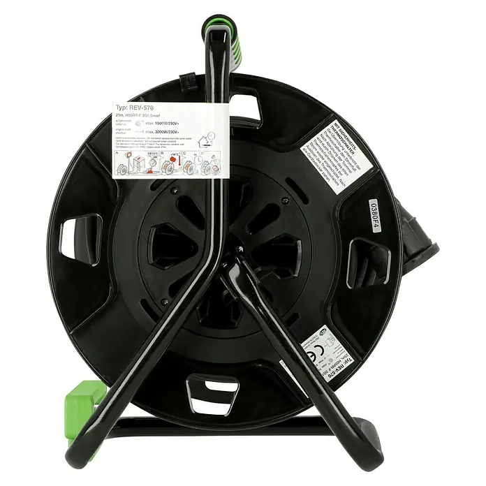 REV Kabeltrommel H05RR - Kunststoff, 25 m, H05RR-F, IP44 - REV-576 Kabeltrommel mit 25m Kabel, H05RR-F 3G1.5mm², max. 1000W/230V aufgerollt, max. 3000W/230V abgerollt und Sicherheitsthermoschalter.
